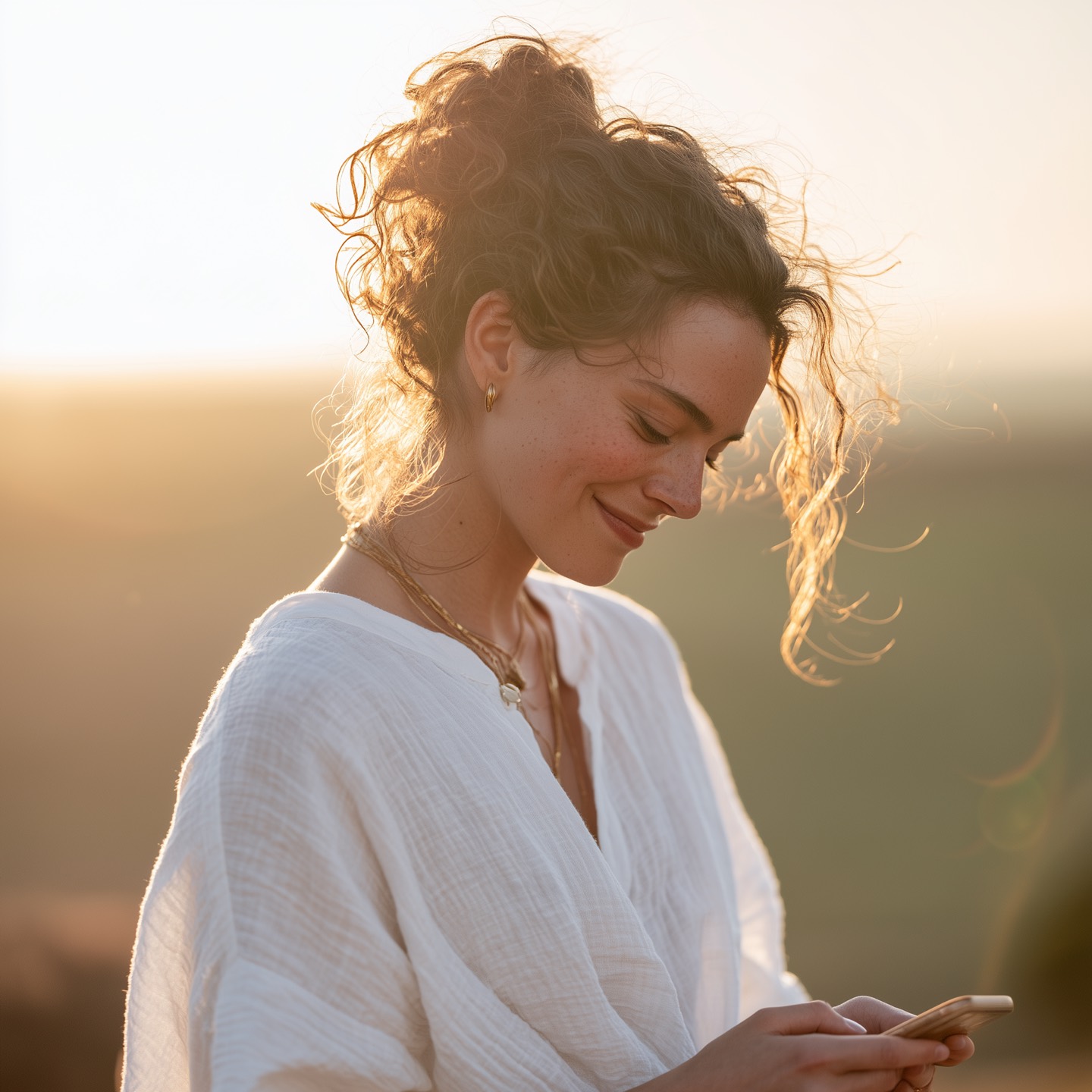 A woman in a white linen shirt looks down at her phone, backlit by low golden hour sun.
